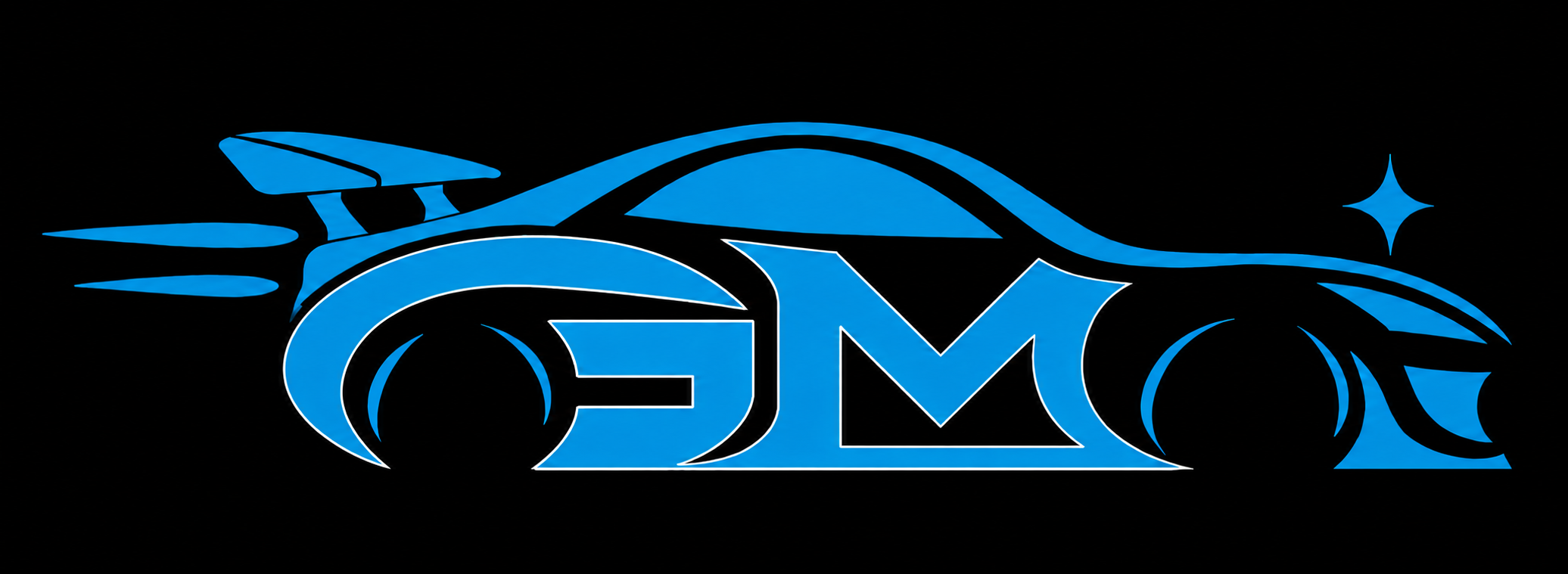 Spor araba silueti içinde mavi GM logosu